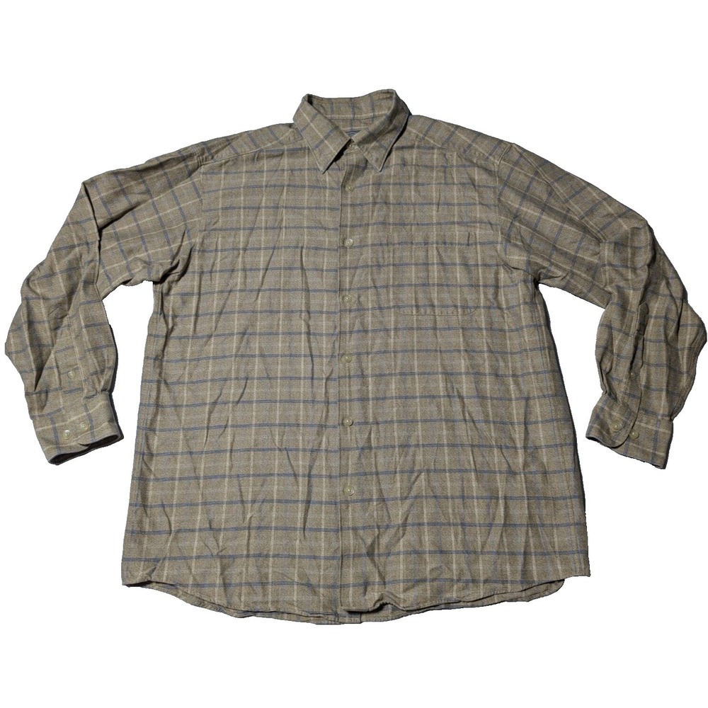 TALBOTS Men Large Khaki Blue Plaid Cotton Long Sleeve Button-Up Shirt